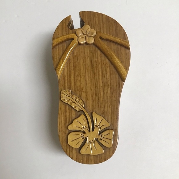 Flip Flop Wood Puzzle Box Secret Jewelry Box Polished Velvet Lined Hawaii Floral - Picture 14 of 16